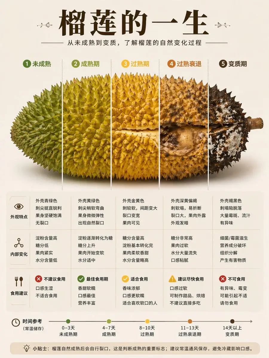 榴莲成熟周期信息图:从青涩到变质全解析