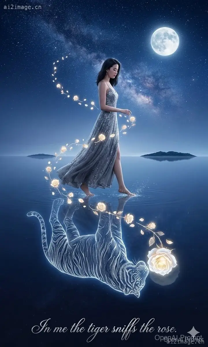 月光下的虎与玫瑰奇幻海报