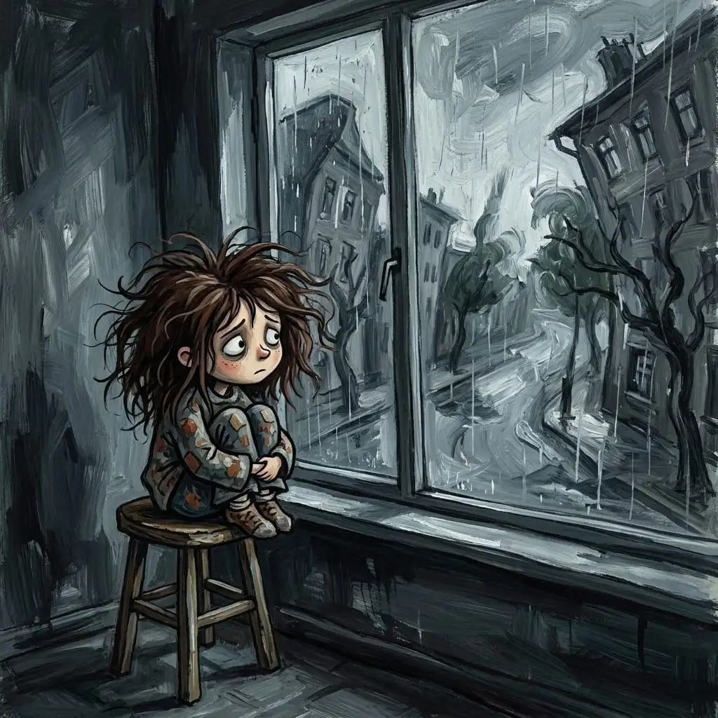 雨窗边的忧郁孩童:情绪感绘本风AI绘画提示词