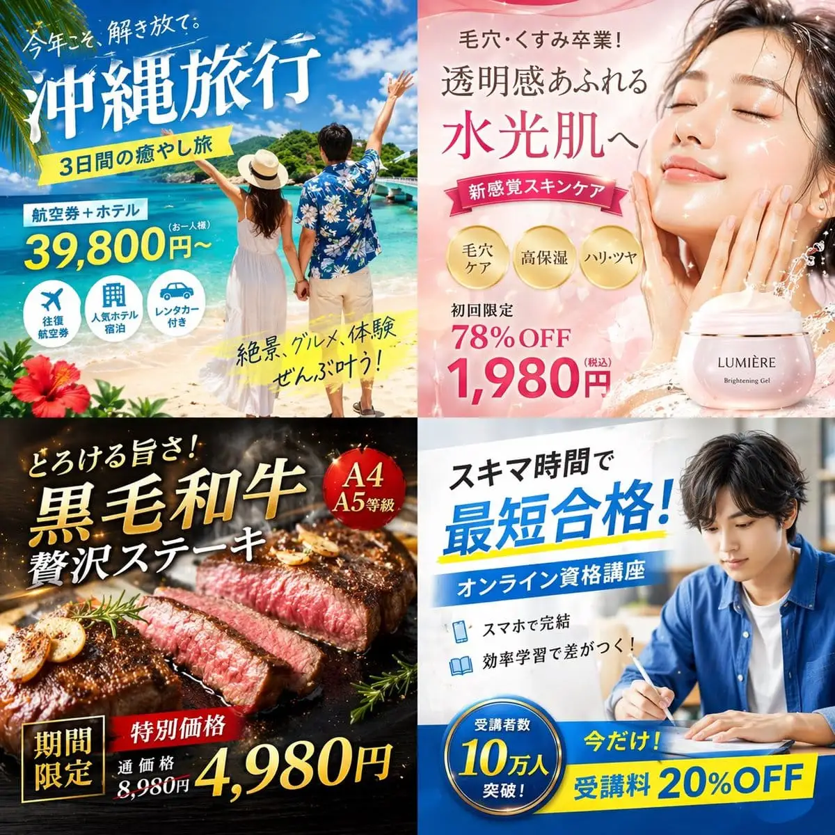 日式2x2广告横幅网格:一键生成旅游/护肤/美食/教育促销图