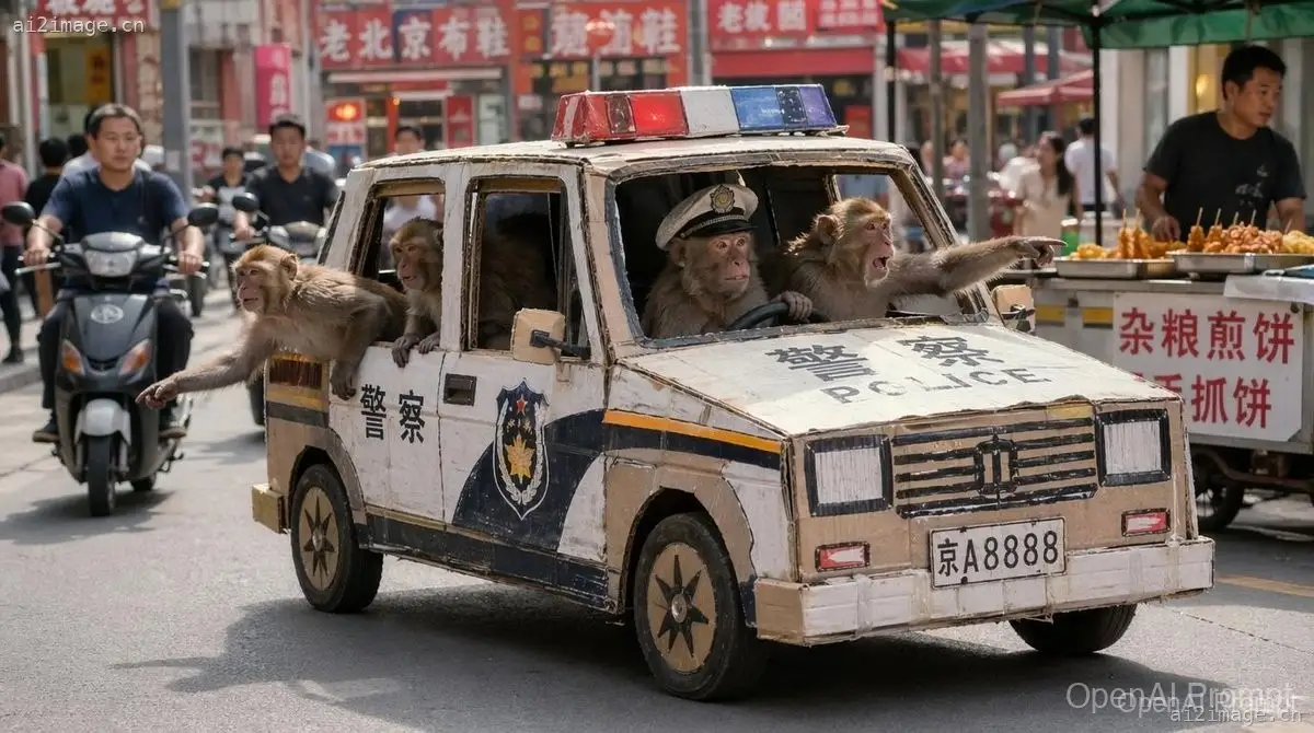 猴子巡逻队驾驶纸板警车