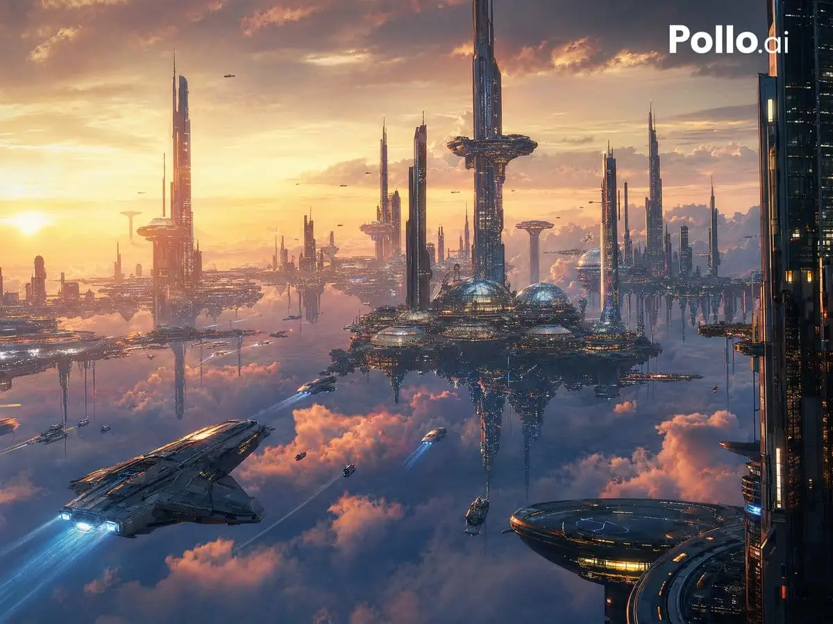 日落浮空未来城 | 科幻概念艺术提示词