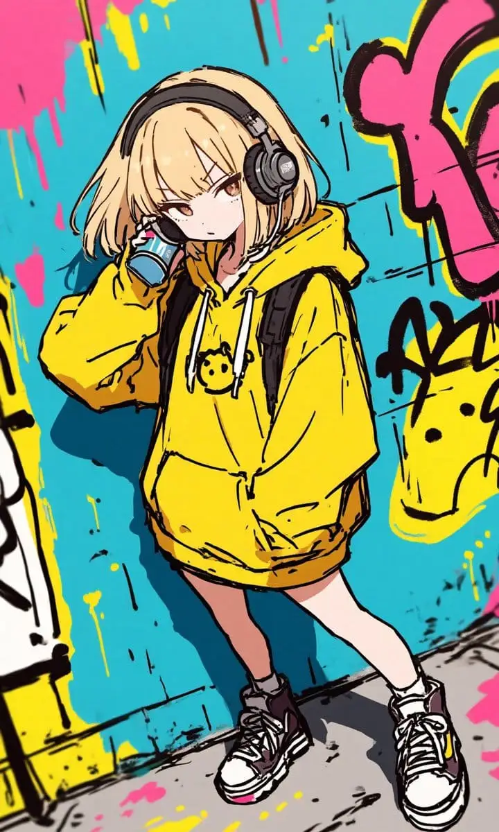 涂鸦少女街头风 - 动漫插画提示词