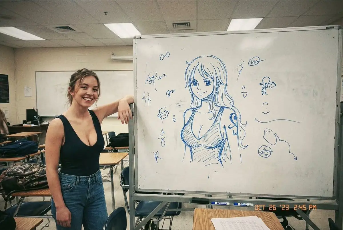 教室随手拍:Sydney Sweeney展示白板娜美素描