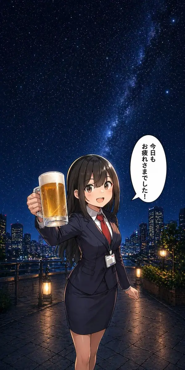 下班干杯!动漫职场女性夜景插画