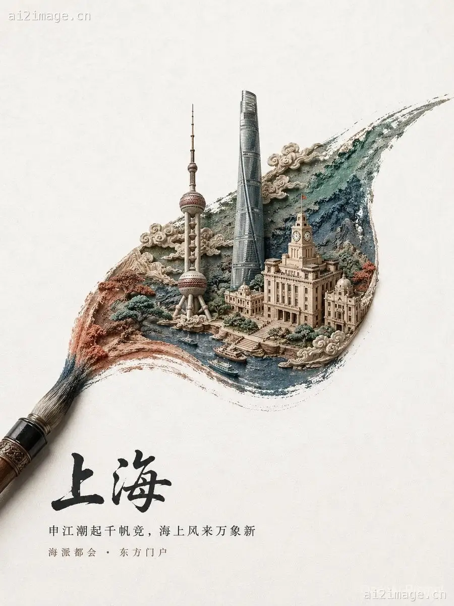 中国水墨笔触上海海报
