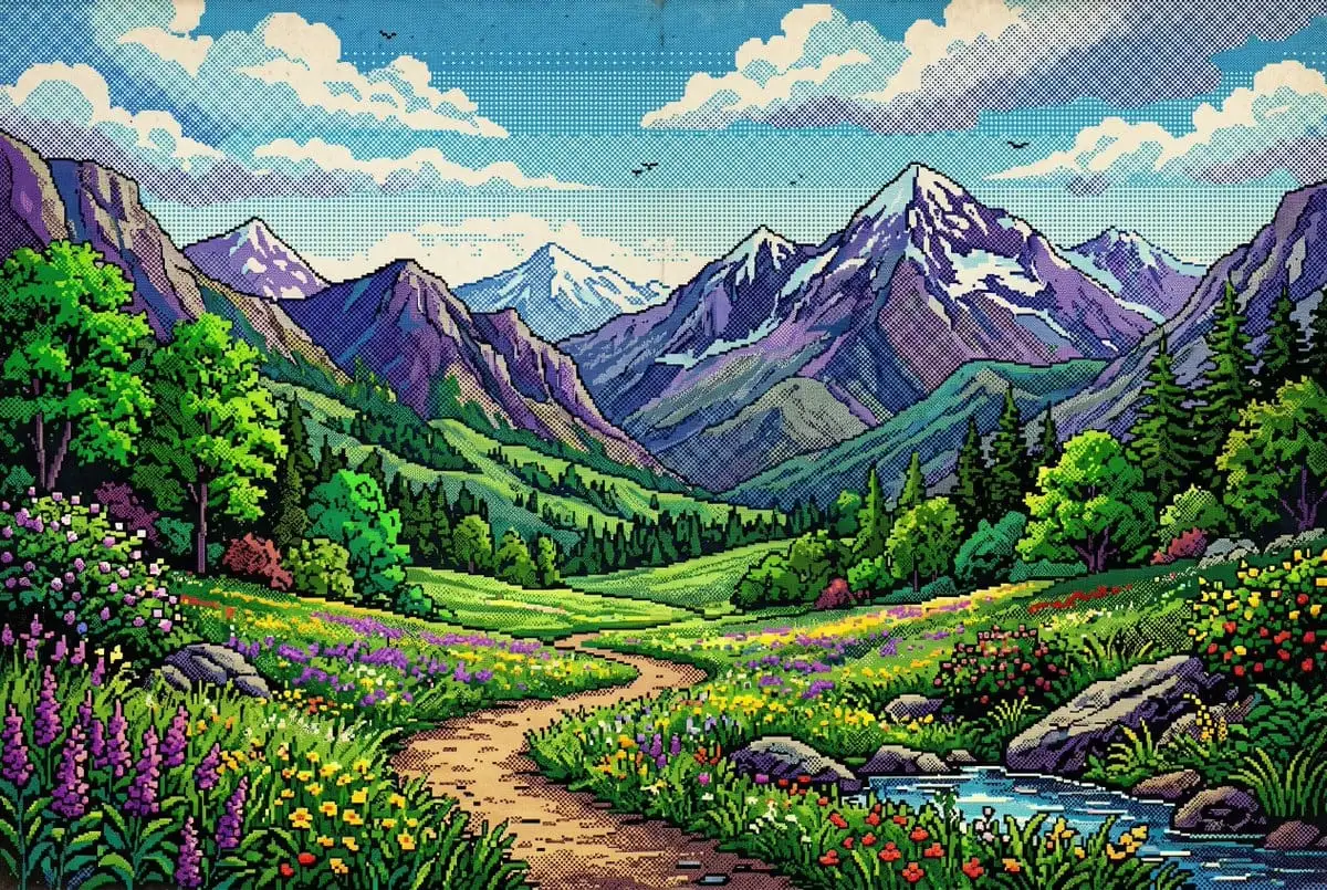 复古像素艺术:明亮高山山谷风景