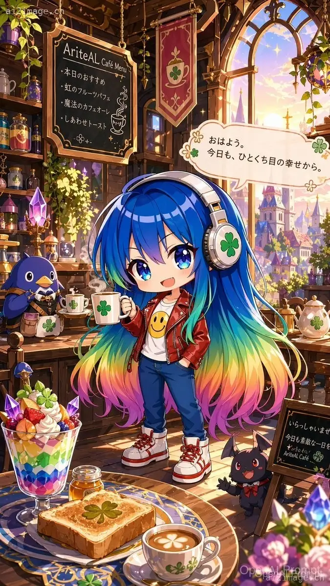 奇幻咖啡馆中的彩虹发色 Q 版少女