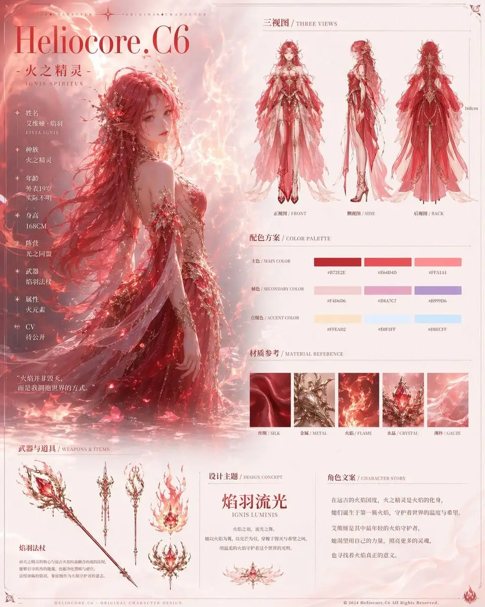 火之精灵角色参考图 — 动漫风格设计海报