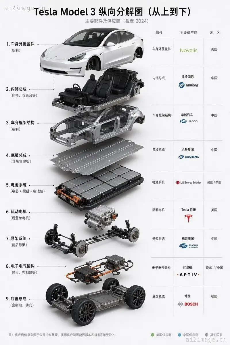 Tesla Model 3 拆解供应商信息图