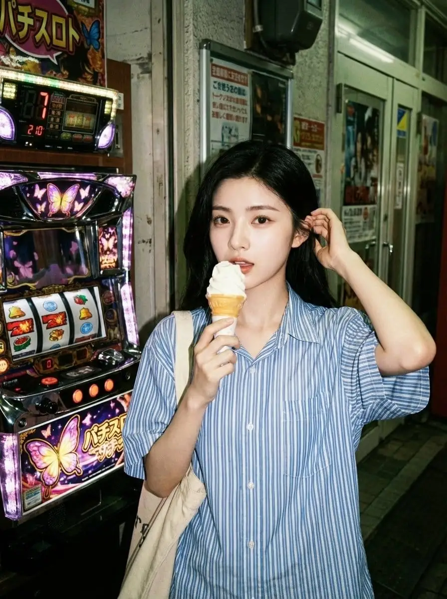 复古街机厅胶片少女:闪光灯下的冰淇淋时刻