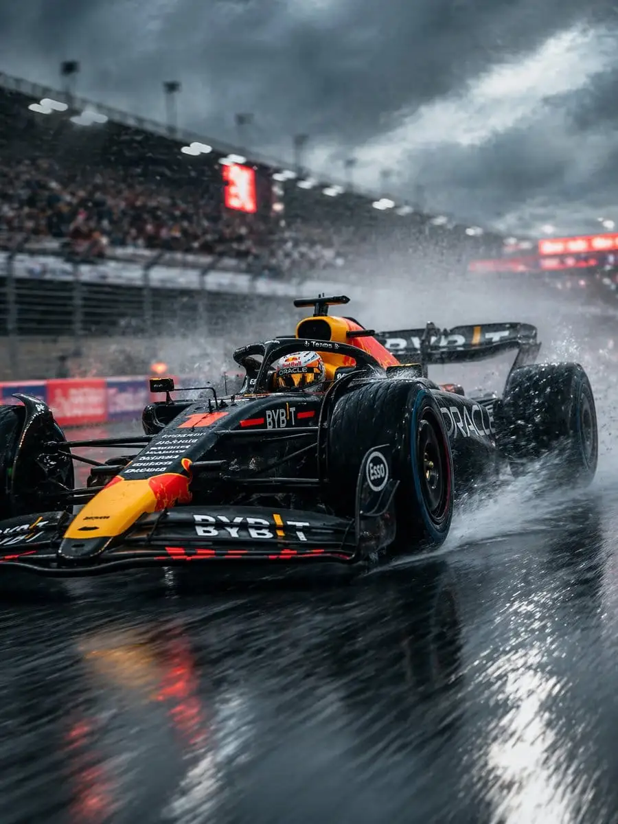 雨中F1疾驰:超写实赛车摄影提示词