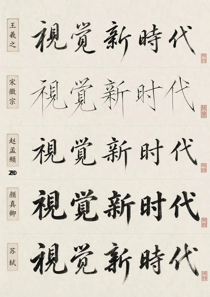 中国书法风格对比表:五大名家同写一句