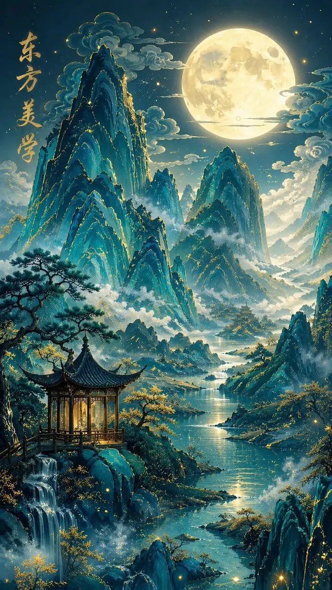 国风青绿山水·新中式奇幻仙境插画提示词