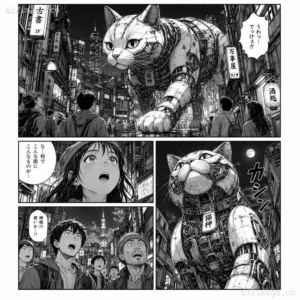 赛博朋克漫画风:巨型机械猫