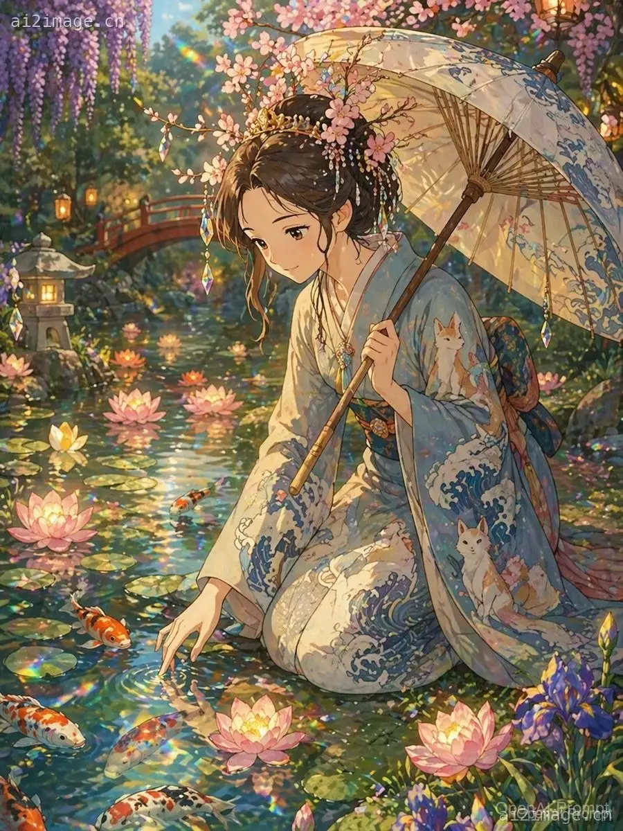 吉卜力风格的公主与锦鲤池