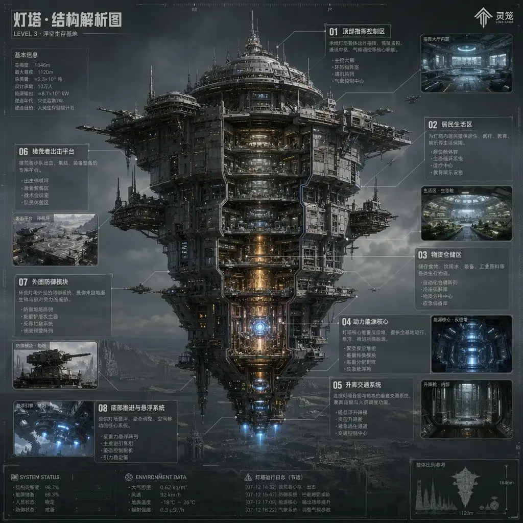 科幻灯塔结构解析图 — 浮空堡垒剖面海报