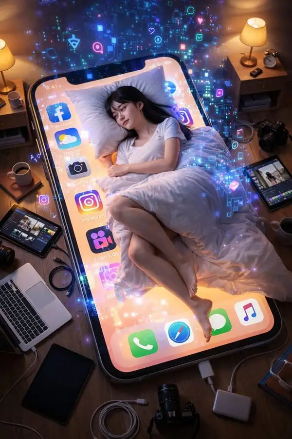 少女卧于手机幻梦:科技与温暖的数字梦境