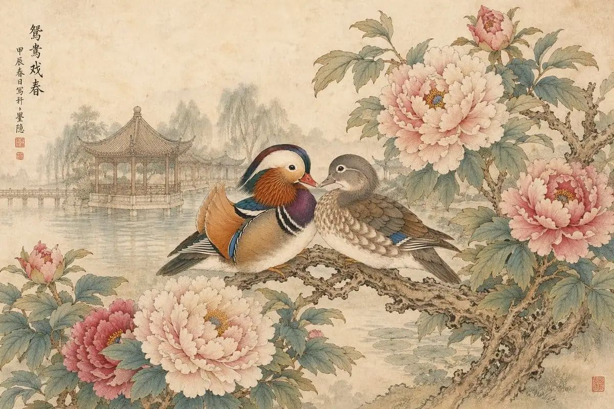 工笔重彩花鸟画:湖畔凉亭花鸟图