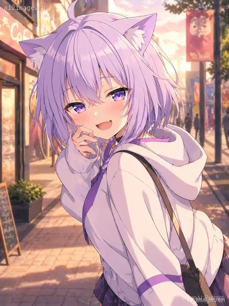 日落街头的薰衣草色猫娘