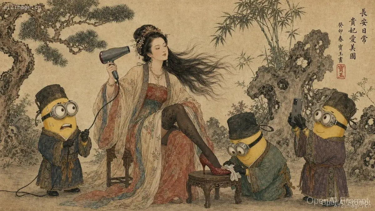 唐朝贵妃与小黄人工笔画