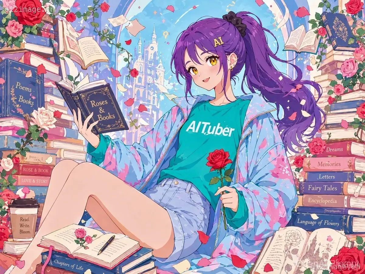动漫风格玫瑰与书籍片尾插画