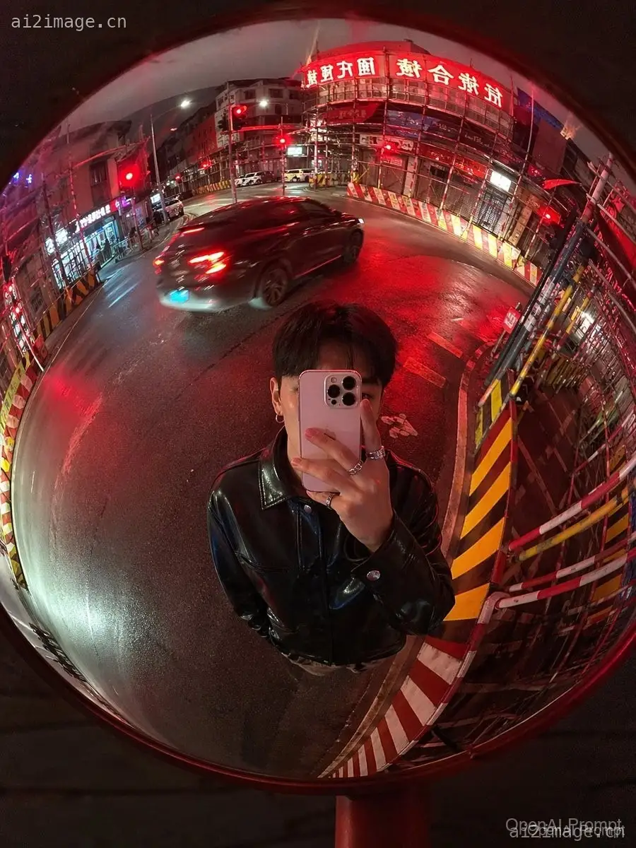 凸面镜街头夜景自拍