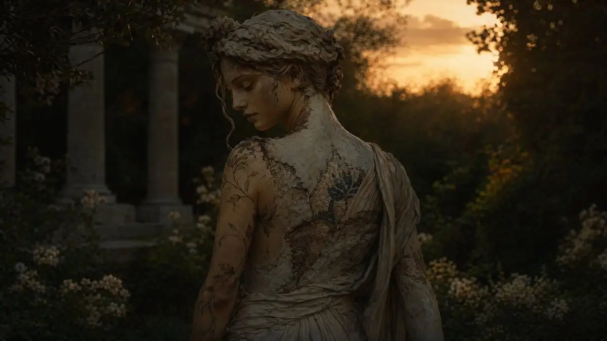 日落时分的雕像女子:神秘奇幻摄影提示词