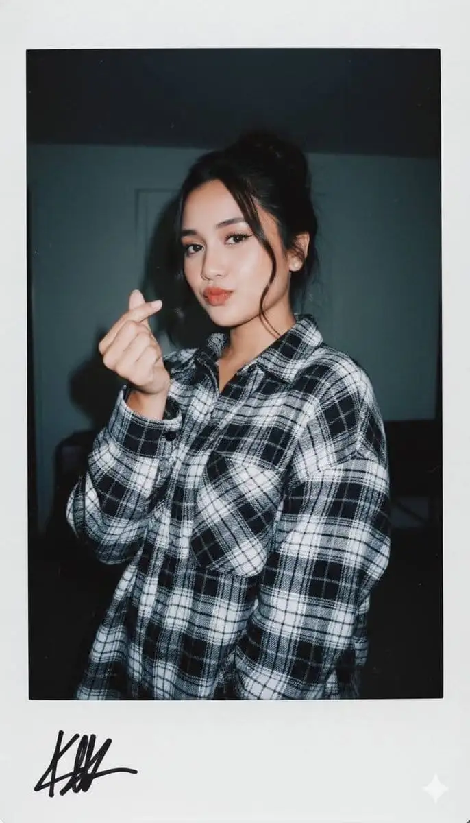 复古胶片风少女写真:黑白格纹与半心手势的魅力瞬间