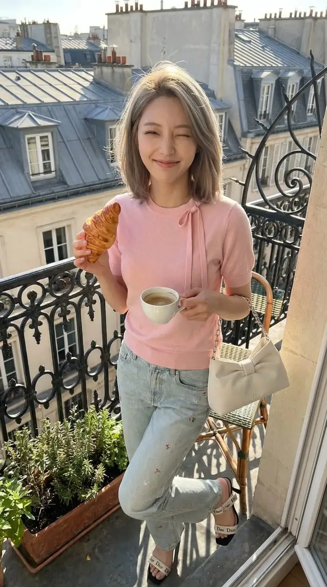 慵懒阳台女友视角:晨光羊角面包早餐人像