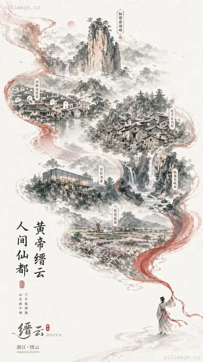 中国水墨风缙云旅游海报