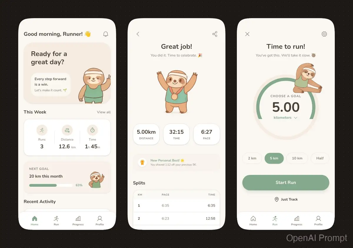 带有树懒吉祥物的柔和色调跑步 App UI