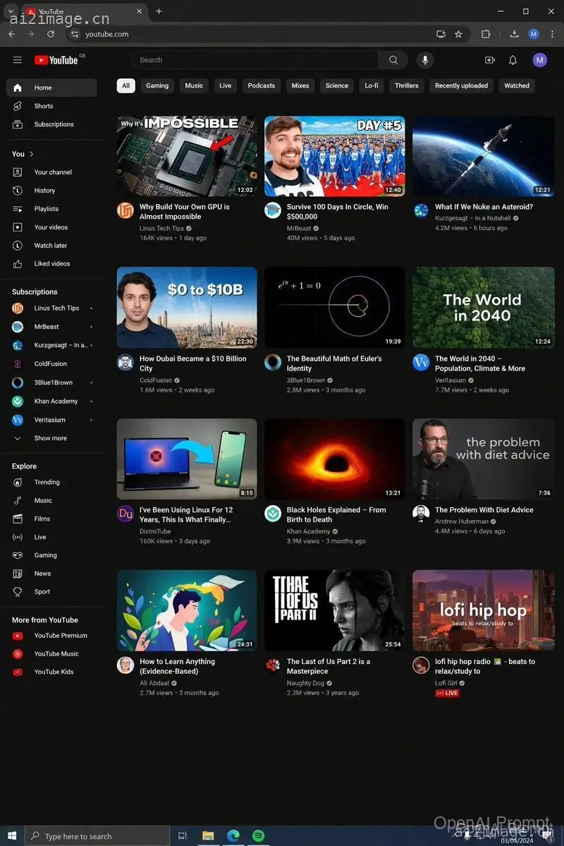 YouTube 深色模式桌面 UI 原型