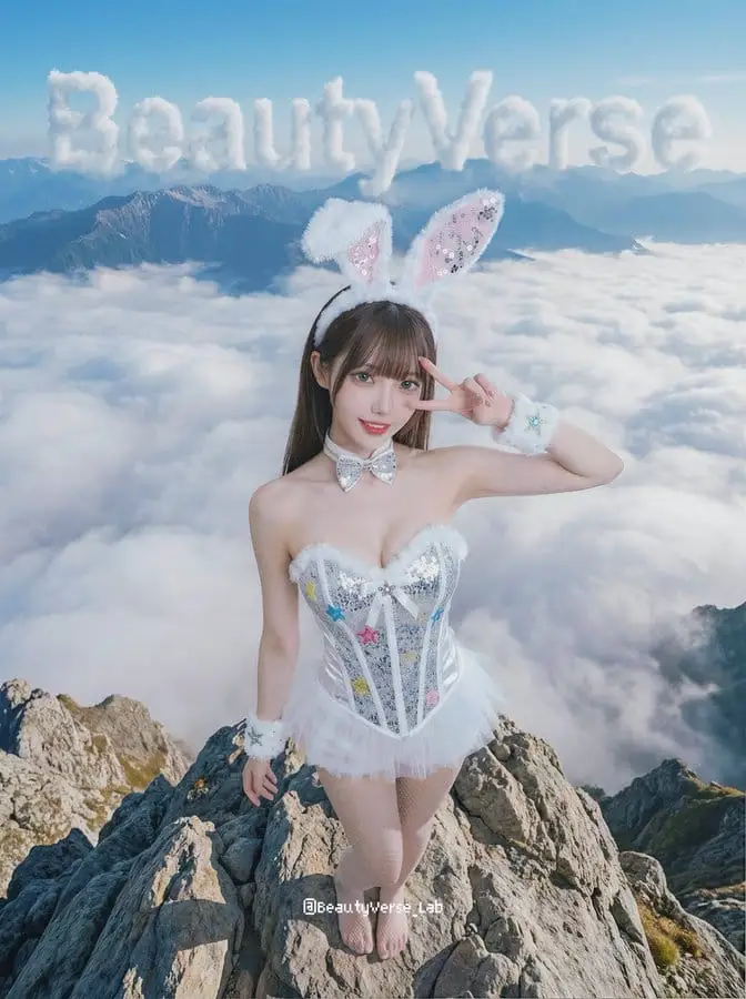云端少女山巅比耶:8K超广角摄影风格