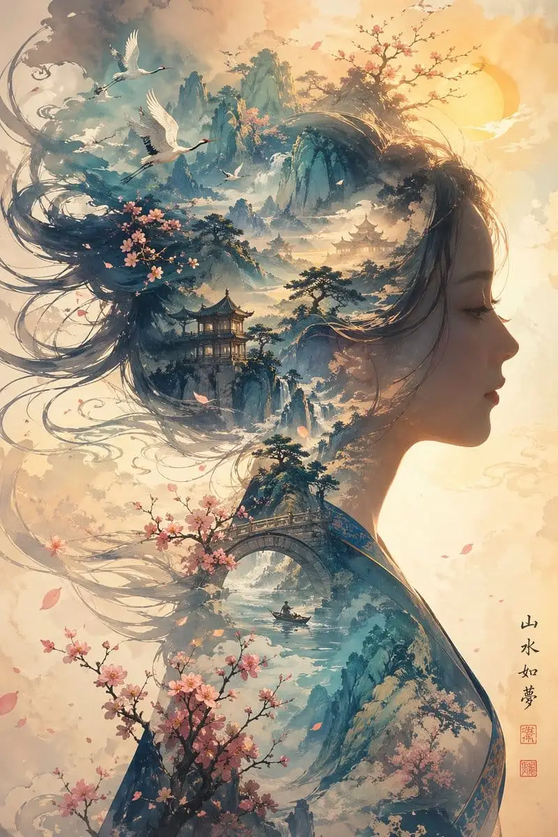梦幻山水女子剪影:水墨仙境海报