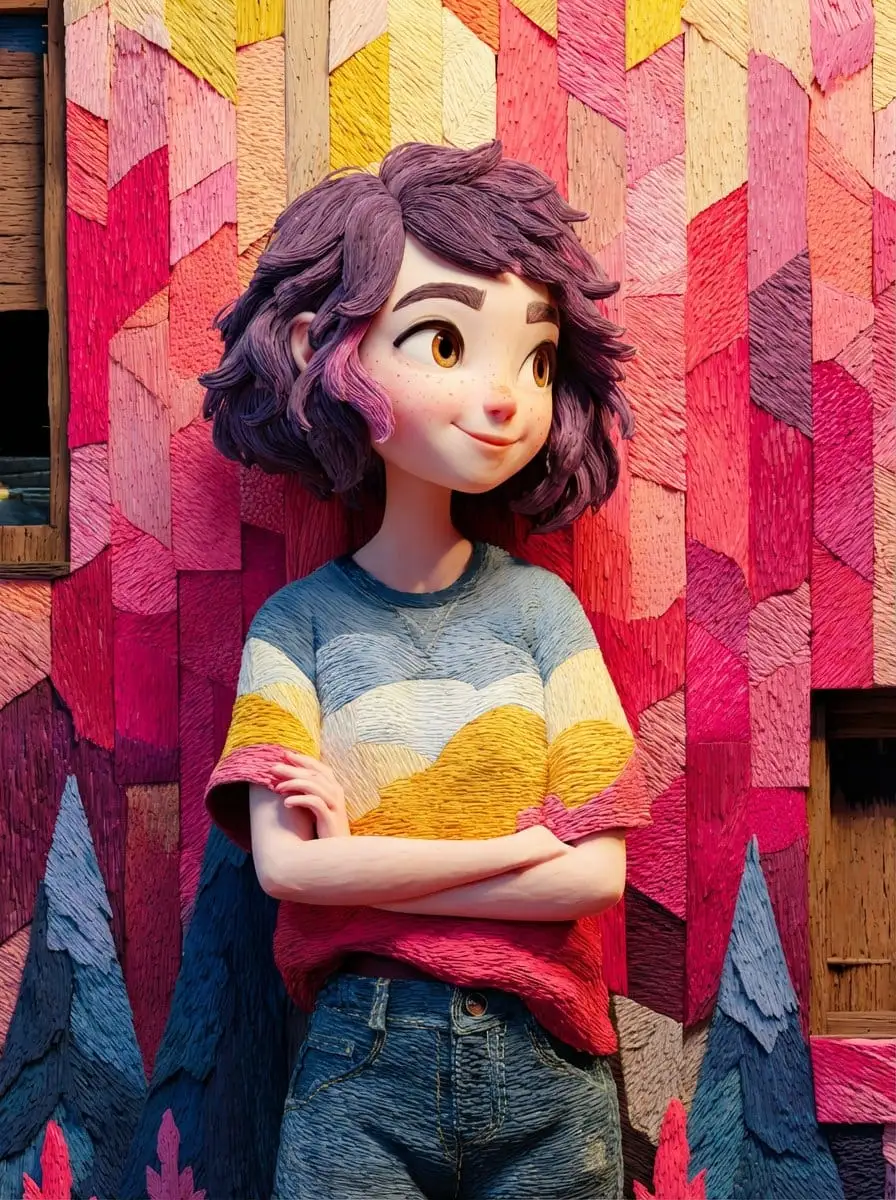 皮克斯治愈少女:色彩木墙前的温暖动画角色