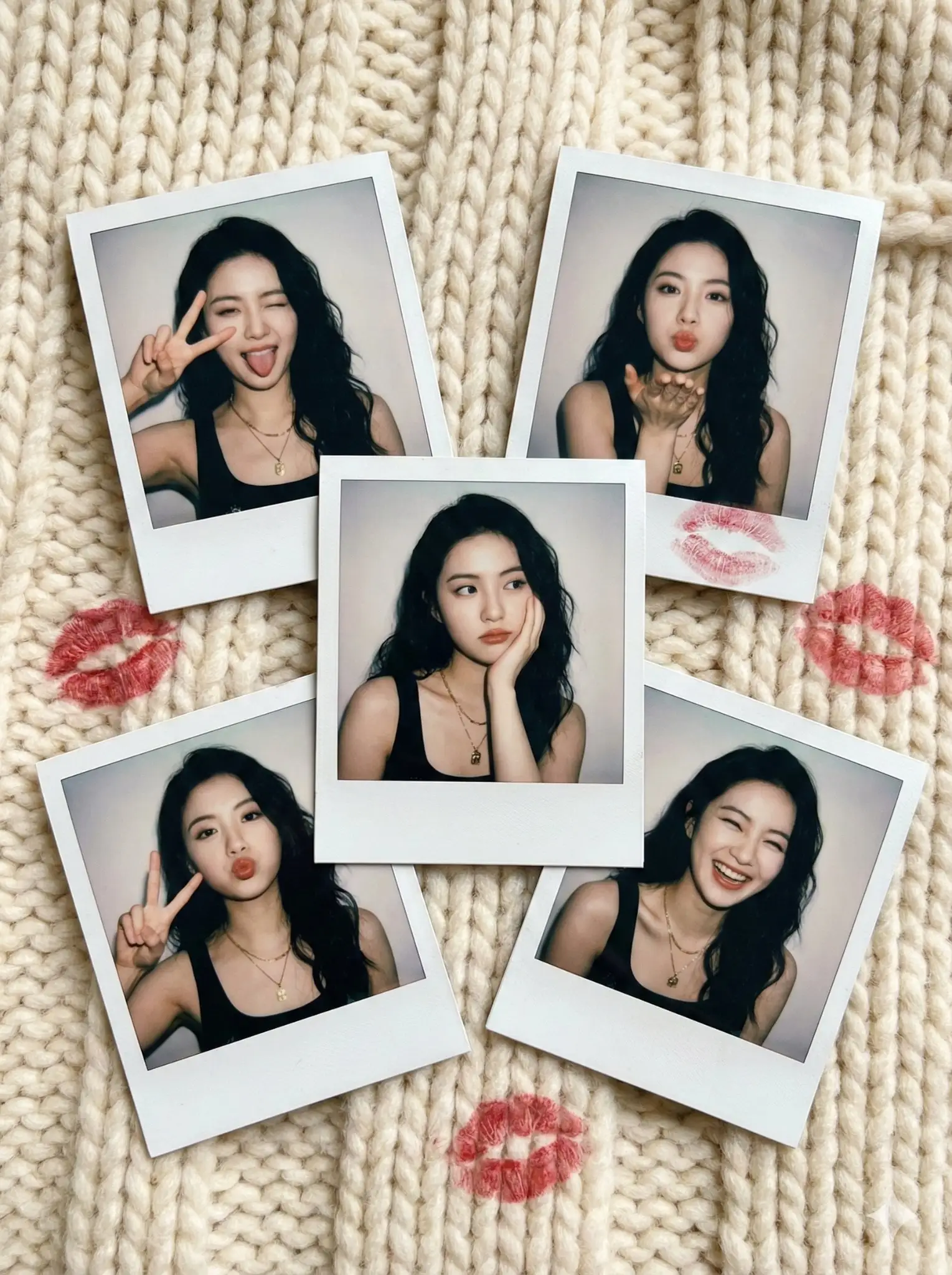 毯子上的亚洲女性复古宝丽来照片