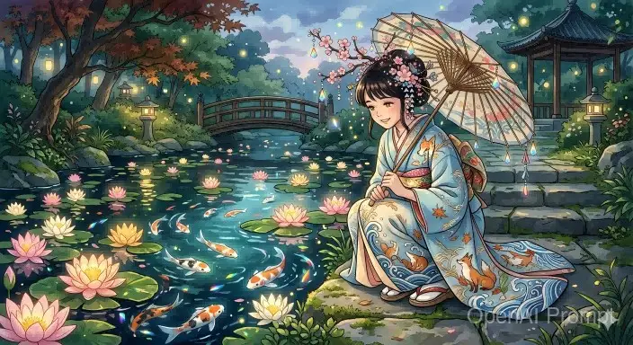 锦鲤池畔的梦幻和服女子