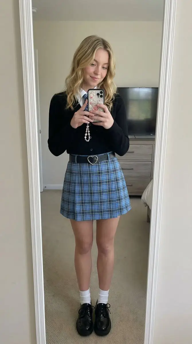 穿学院风服装的年轻女性镜面自拍