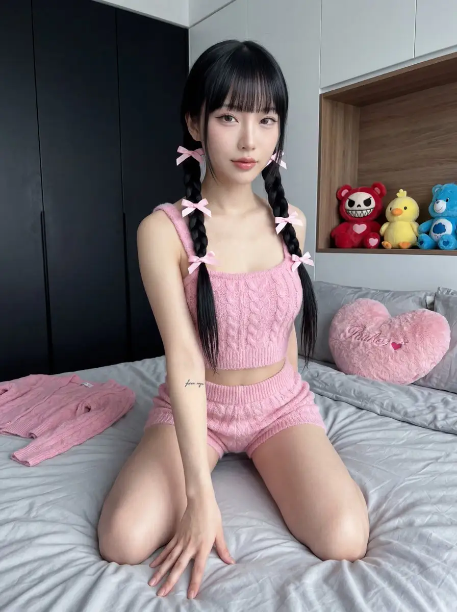 超写实现代卧室中的日本女性