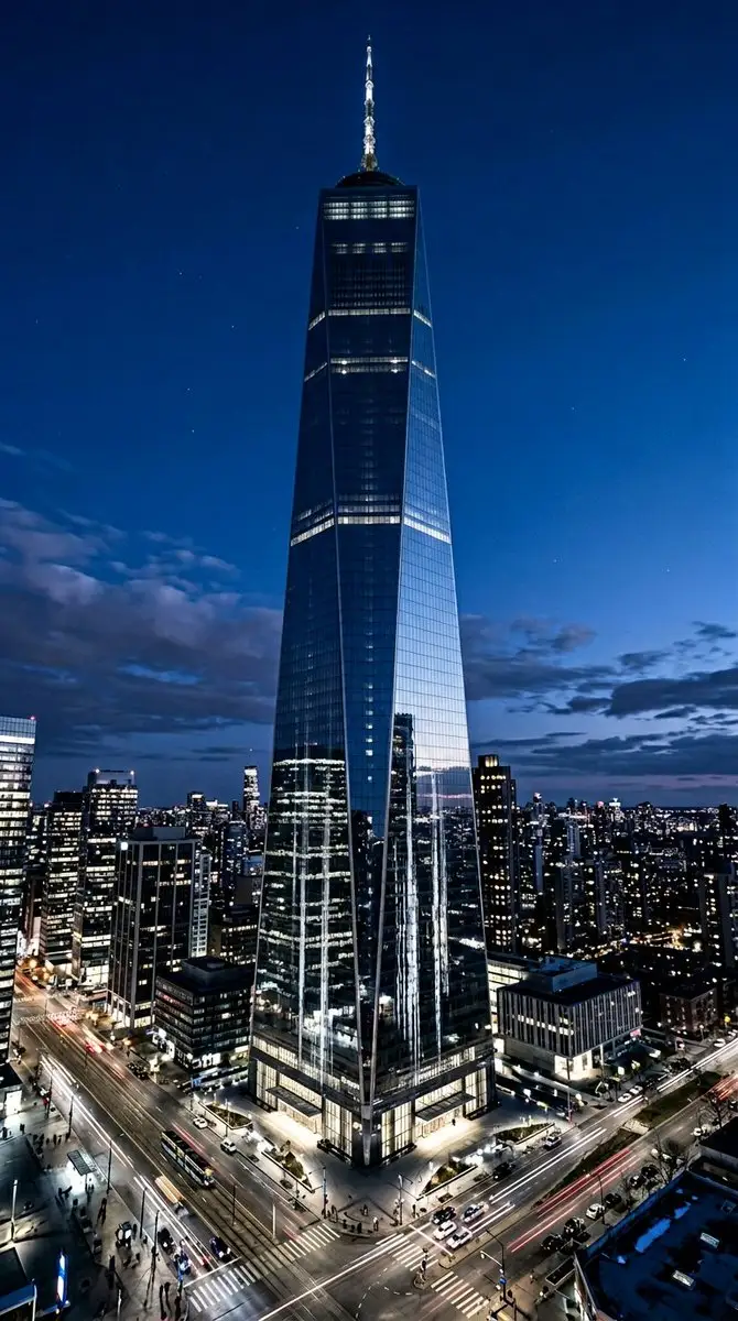 未来主义摩天大楼城市景观,蓝色时刻