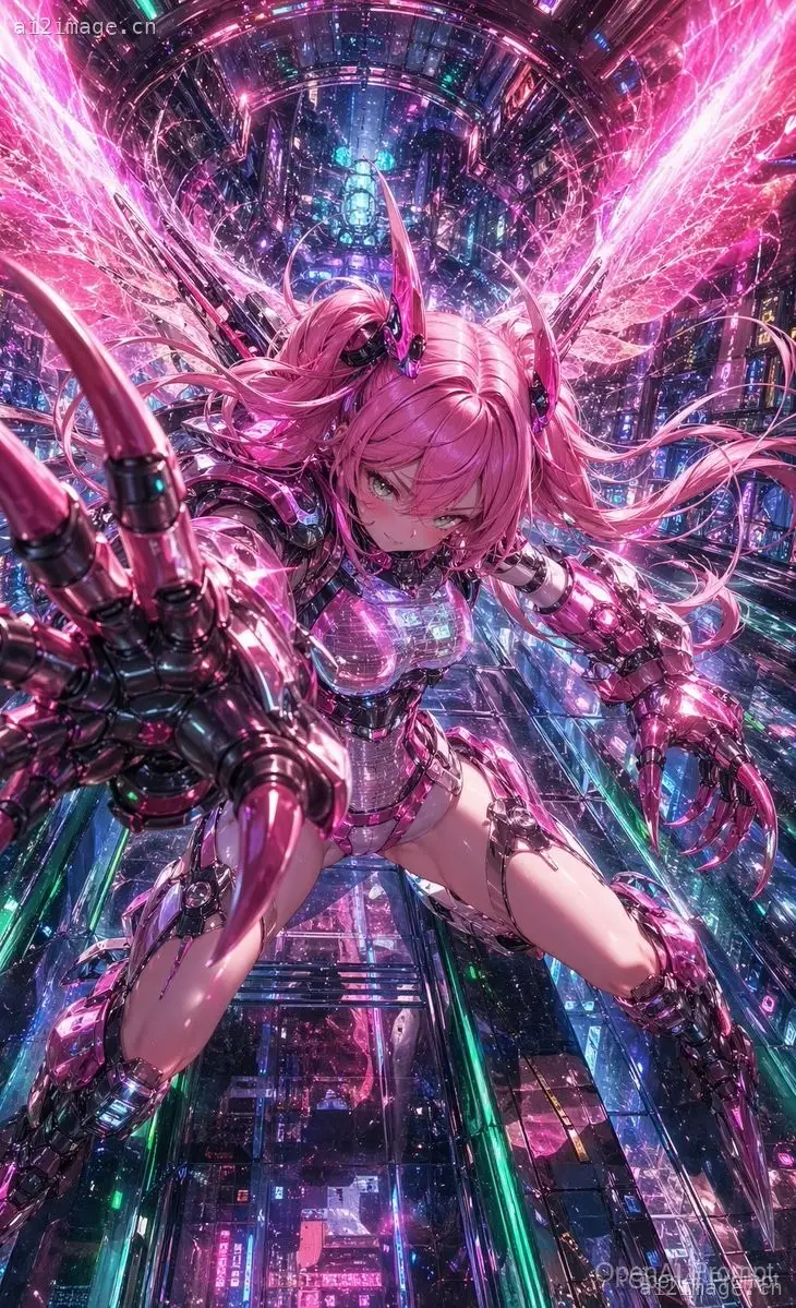 赛博朋克粉色机甲天使少女