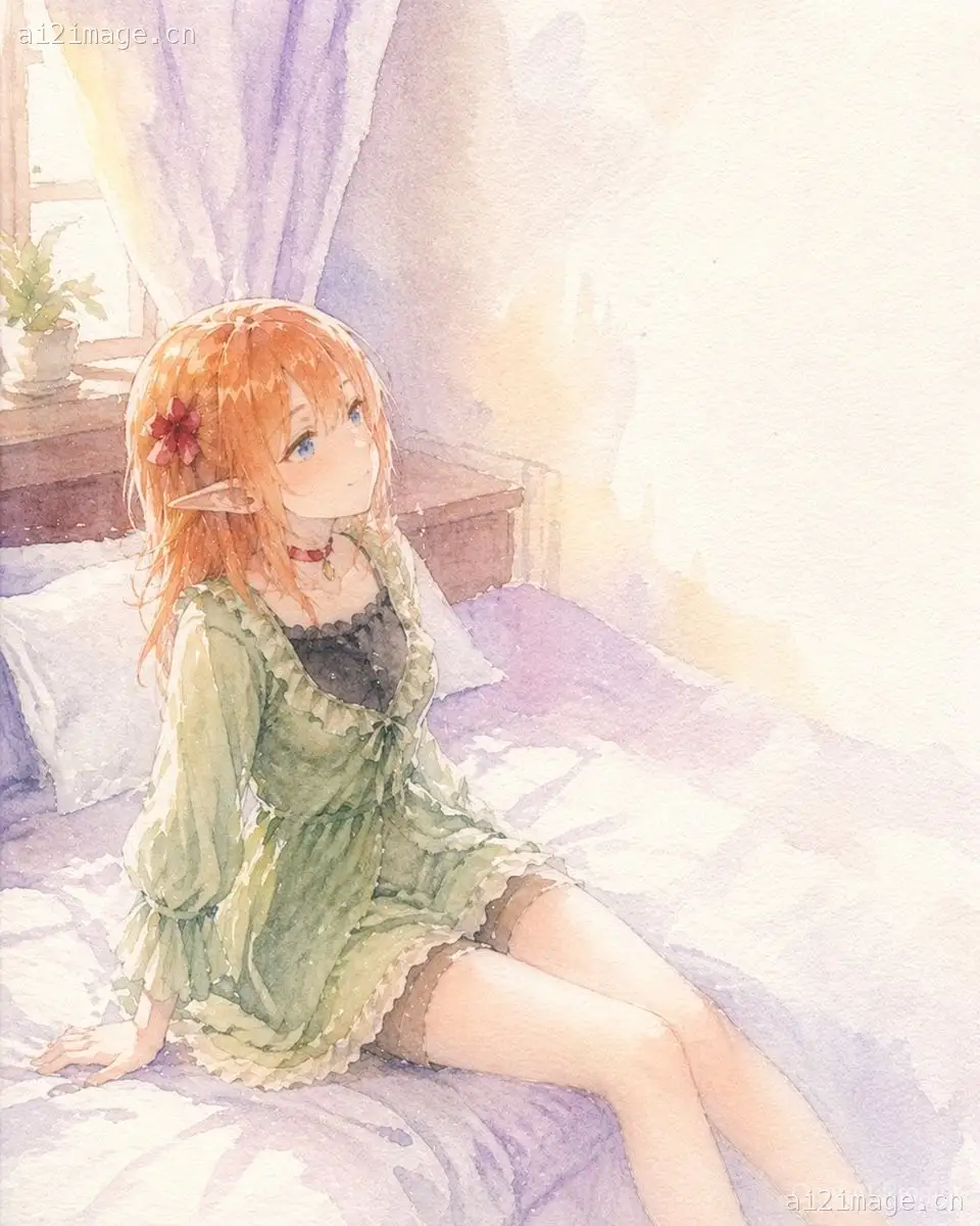 阳光卧室里的水彩精灵少女