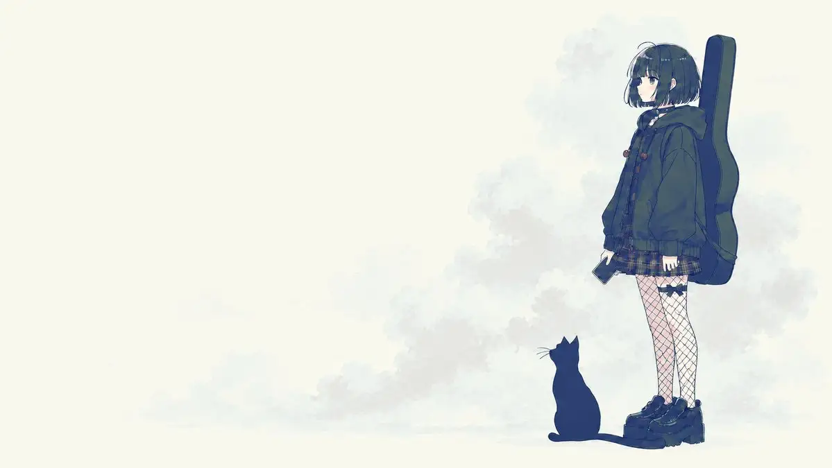 Melancholic Guitar Girl and Cat