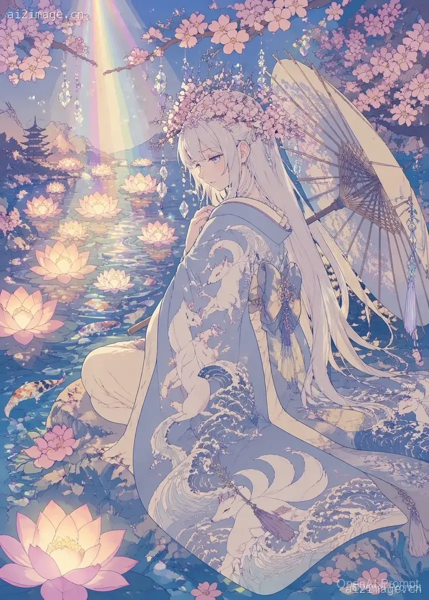 莲花池畔的粉彩动漫和服少女