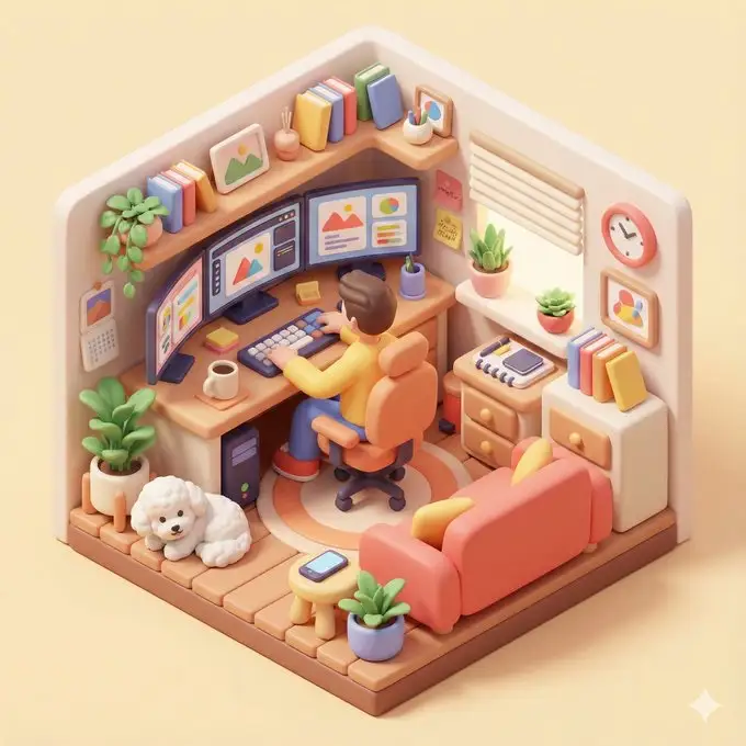 3D等距视角家庭办公插画
