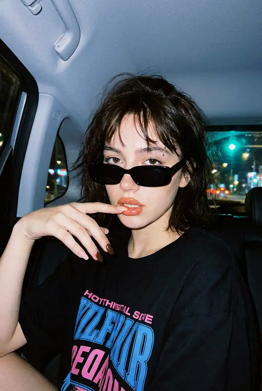 夜晚车内,前卫年轻女性