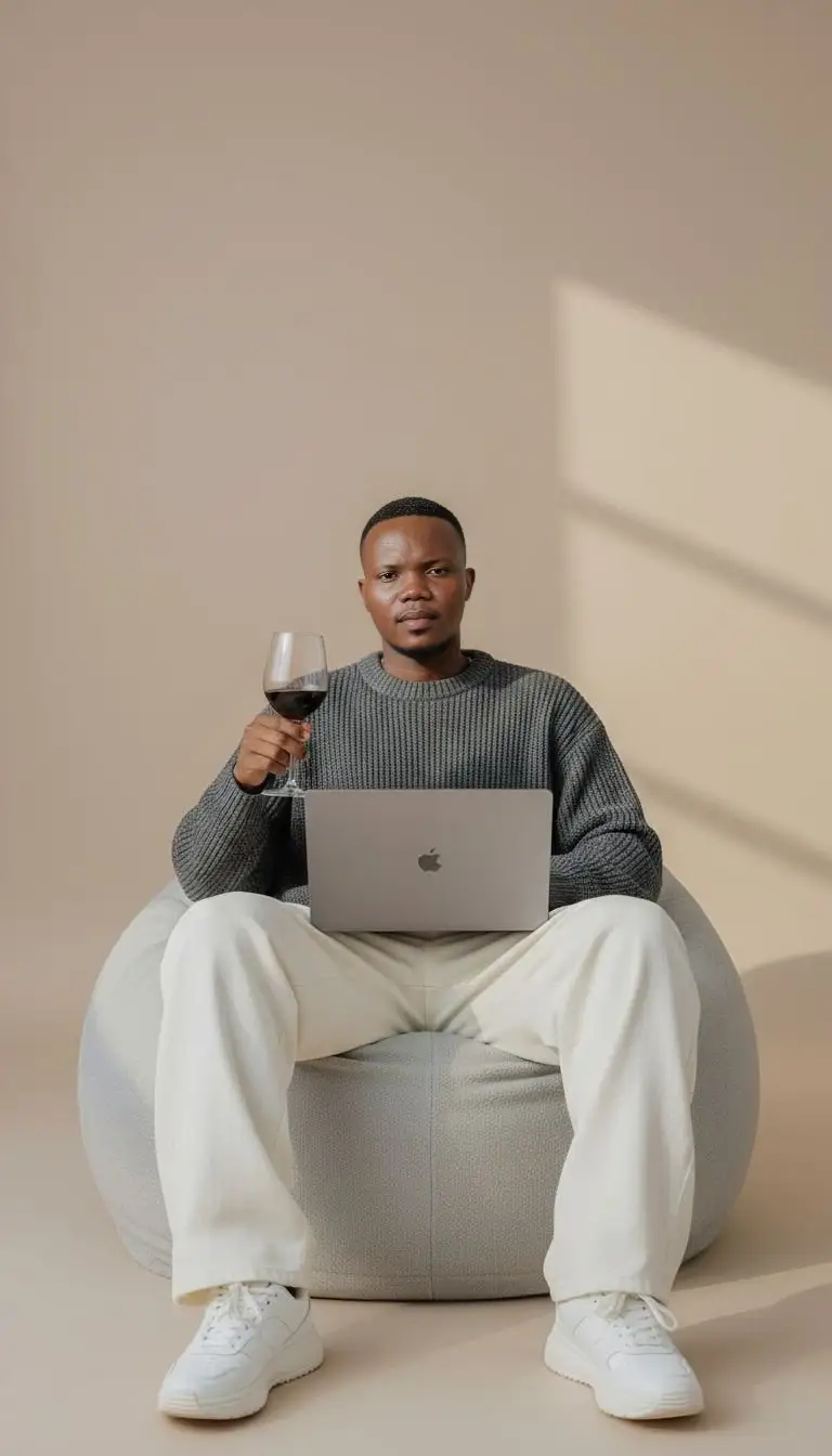 男模特坐懒人沙发,手持红酒与MacBook