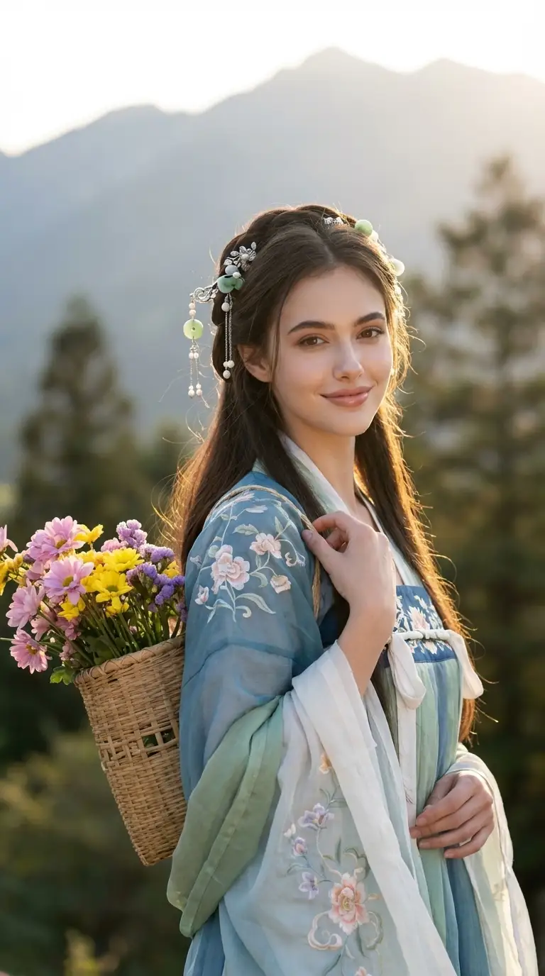 超写实汉服人像,手提花篮