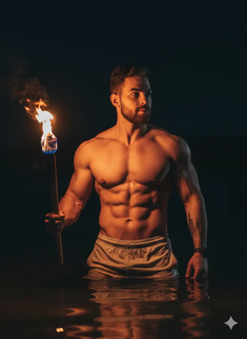 夜晚黑暗水域中持火把的肌肉男